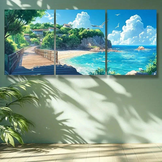 3pcs Wooden bridge Painting Metal Print Ready to Hang Art