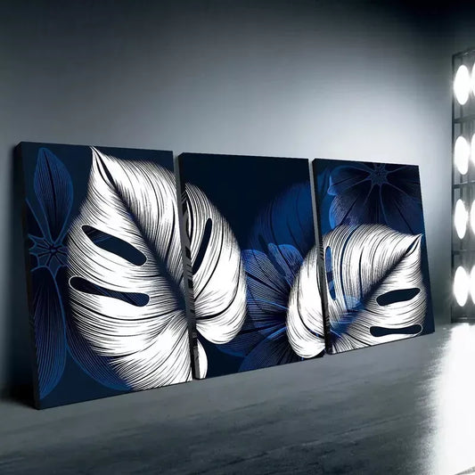 3pcs Modern Abstract Blue & White Leaves Canvas Framed 40x60cm - High Quality Print 100% Australian Made Wall Canvas Ready to Hang