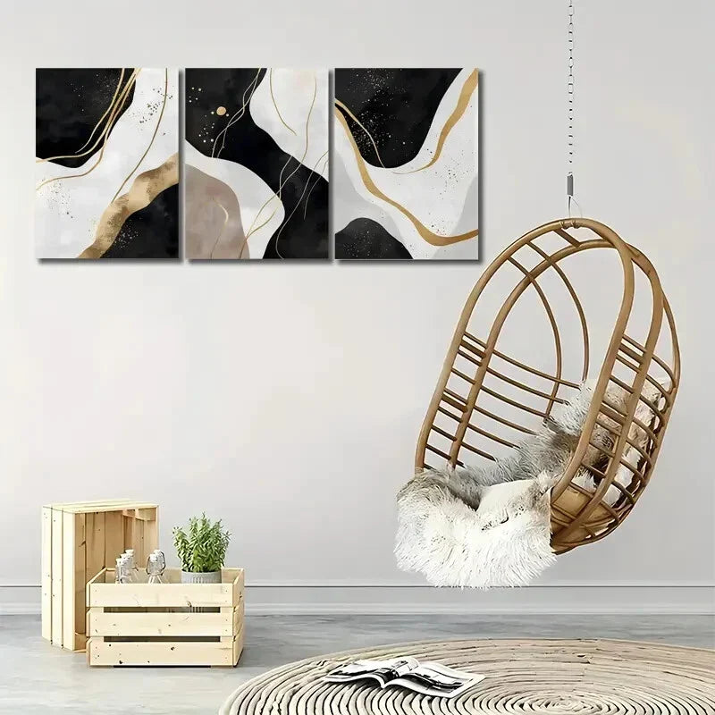 3pcs Black White Golden Abstract Prints Metal Print Ready to Hang Art