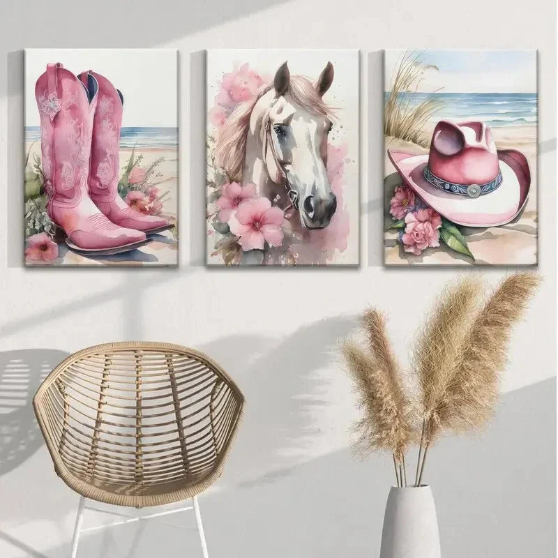3pcs Coastal Cowboy Canvas Wall Art Western Girl Metal Print Ready to Hang Art