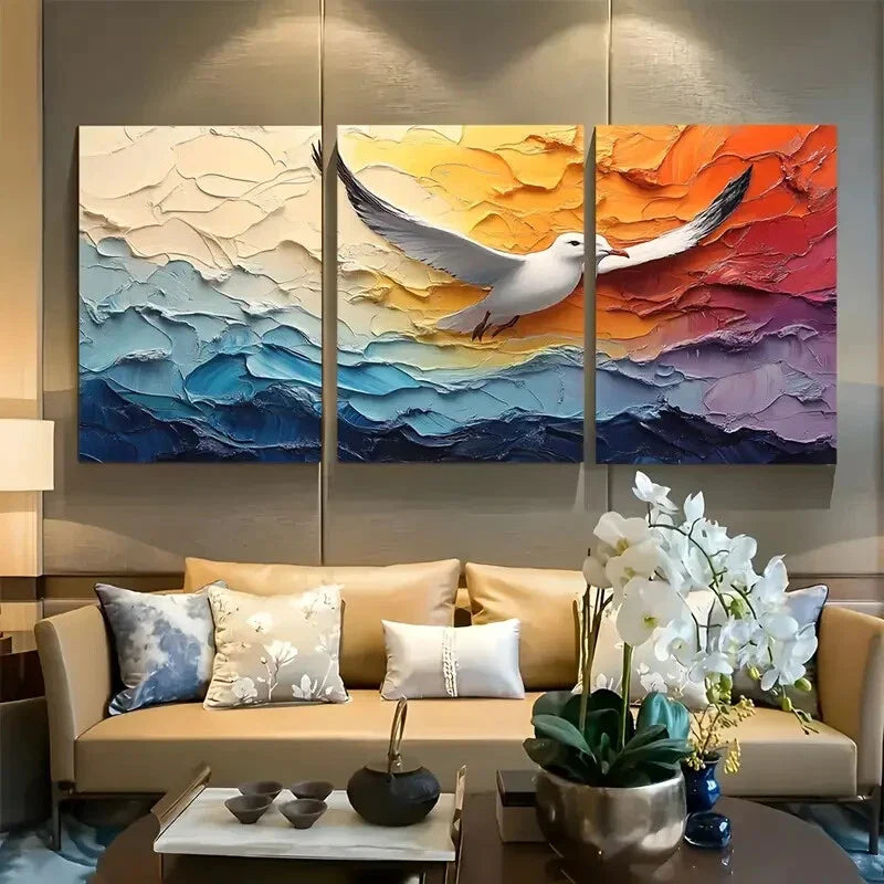 3pcs Calming Seagull and Rainbow Seascape Design Metal Print Ready to Hang Art