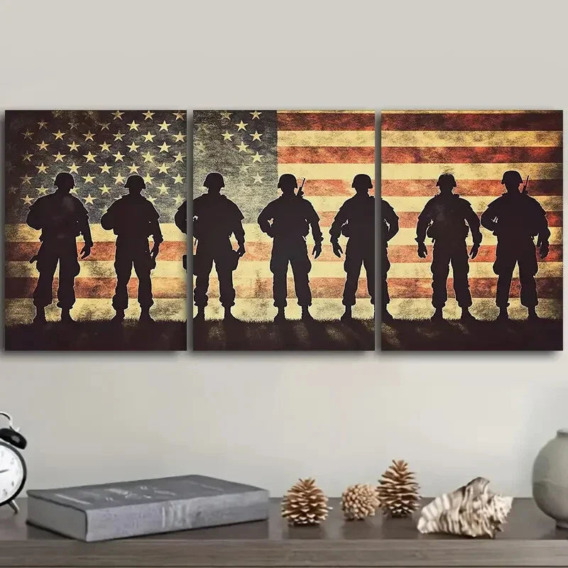 3pcs Soldiers in front of the American flag Wall Art Set Canvas Framed 40x60cm - High Quality Print 100% Australian Made Wall Canvas Ready to Hang