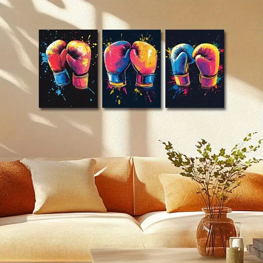3pcs Vibrant Boxing Gloves Design Metal Print Ready to Hang Art