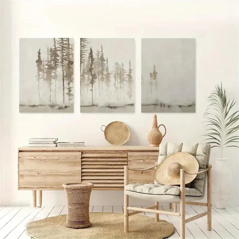 3pcs Abstract Beige White Forest Tree Metal Print Ready to Hang Art