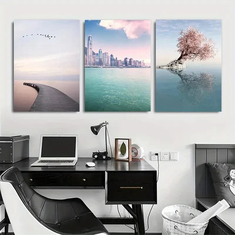 3pcs Pink Tree and Cityscape Flying Birds Metal Print Ready to Hang Art