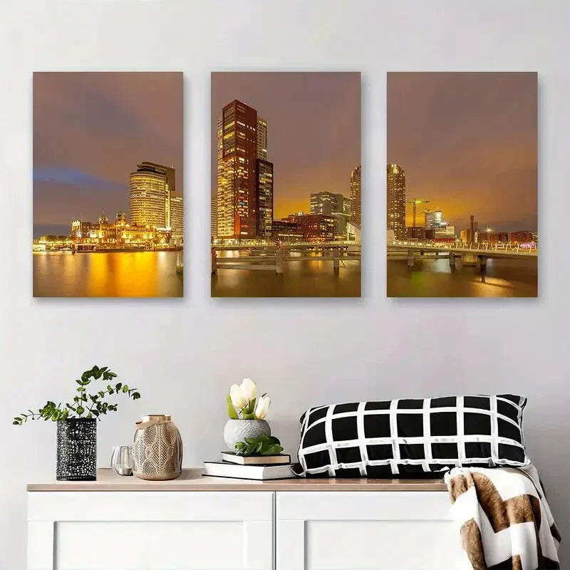 3pcs Nighttime Long Exposure Cityscape Metal Print Ready to Hang Art