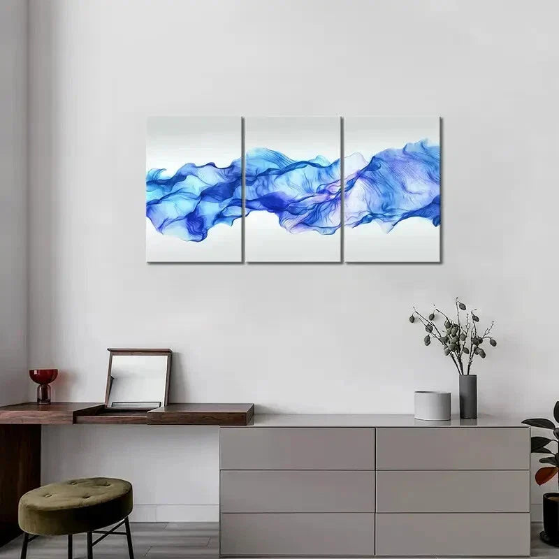 3pcs Abstract Blue Smoke Painting Pictures Metal Print Ready to Hang Art