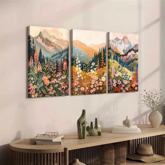 3pcs Floral & Forest Mountain with Wildflowers Canvas Framed 40x60cm - High Quality Print 100% Australian Made Wall Canvas Ready to Hang