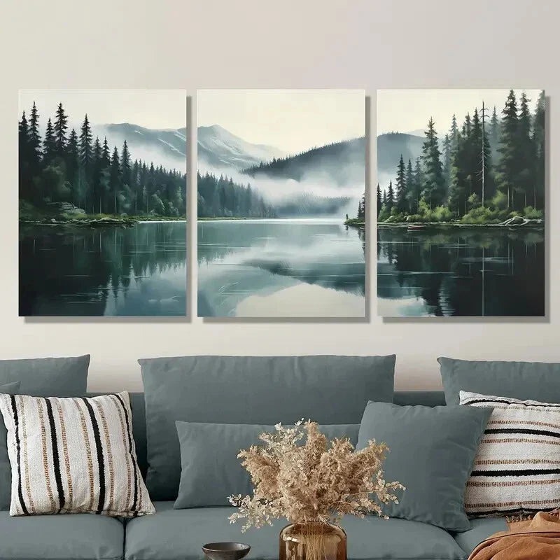 3pcs Quiet Pine Forest Lake Metal Print Ready to Hang Art