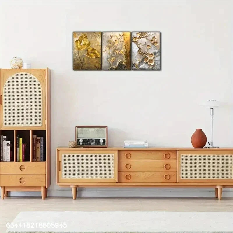 3pcs Golden Vein Sakura Branch, Flamingo Flower Metal Print Ready to Hang Art