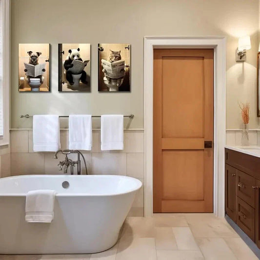 3pcs Featuring a Panda, Dog, And Cat Sitting on a Toilet Metal Print Ready to Hang Art