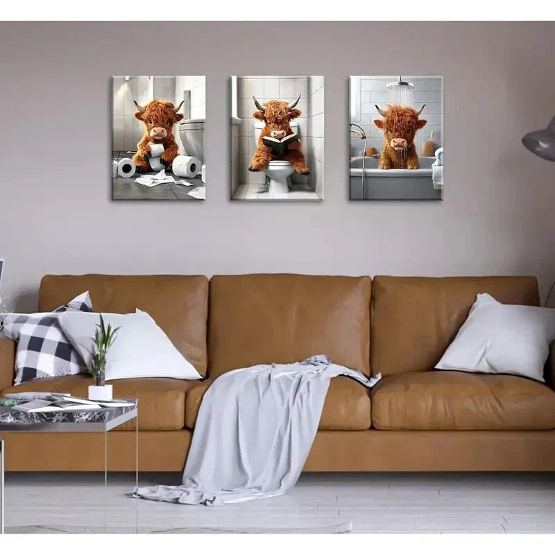 3pcs Playful Brown Cows in Various Scenes Metal Print Ready to Hang Art