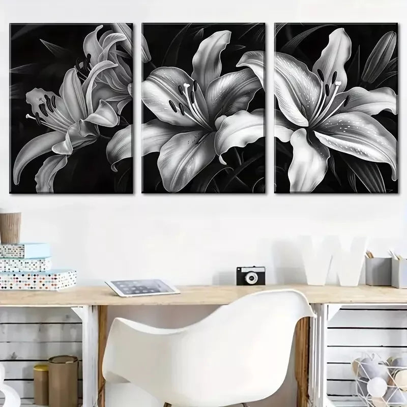 3pcs Modern Minimalist Black And White Floral Wall Art Set Canvas Framed 40x60cm - High Quality Print 100% Australian Made Wall Canvas Ready to Hang