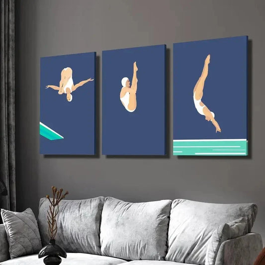 3pcs Dynamic Diver Poses in Blue & White Wall Art Set Canvas Framed 40x60cm - High Quality Print 100% Australian Made Wall Canvas Ready to Hang