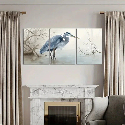 3pcs Blue Heron Water Reflection Serene Landscape Metal Print Ready to Hang Art