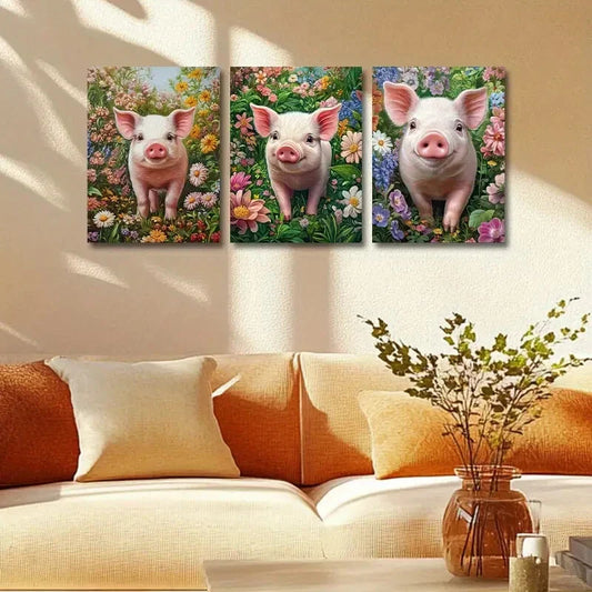 3pcs Pink Pig with Vibrant Floral Background Metal Print Ready to Hang Art
