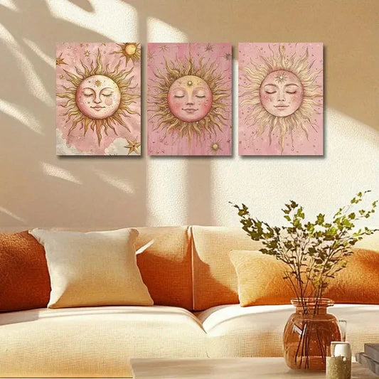 3pcs Sun and Stars Vibrant Pink Background Print Ready to Hang Art