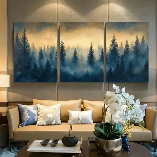 3pcs Minimalist Pine Tree Teal and Beige Forest Metal Print Ready to Hang Art