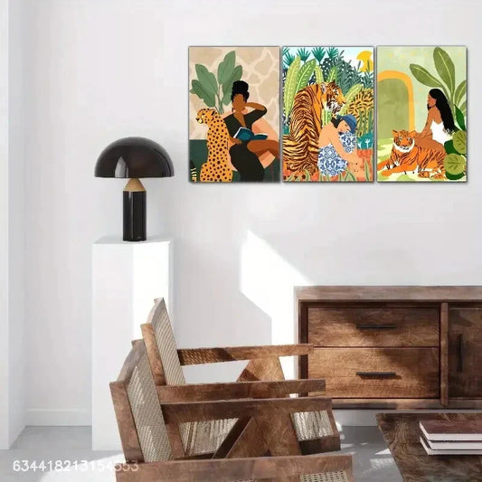 3pcs Cheetah Tiger And Beauty Decorative Metal Print Ready to Hang Art