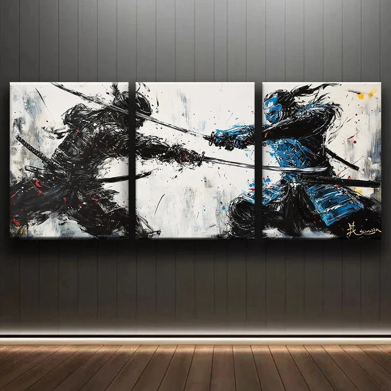 3pcs Samurai Duel Luxurious Oil Painting Metal Print Ready to Hang Art