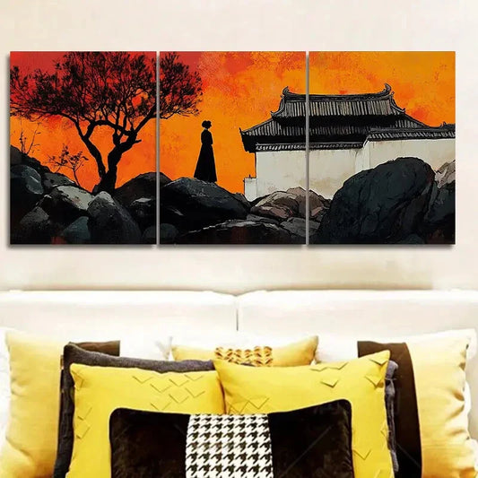 3pcs Vibrant Sunset Scene with Silhouette Figure Wall Art Set Canvas Framed 40x60cm - High Quality Print 100% Australian Made Wall Canvas Ready to Hang