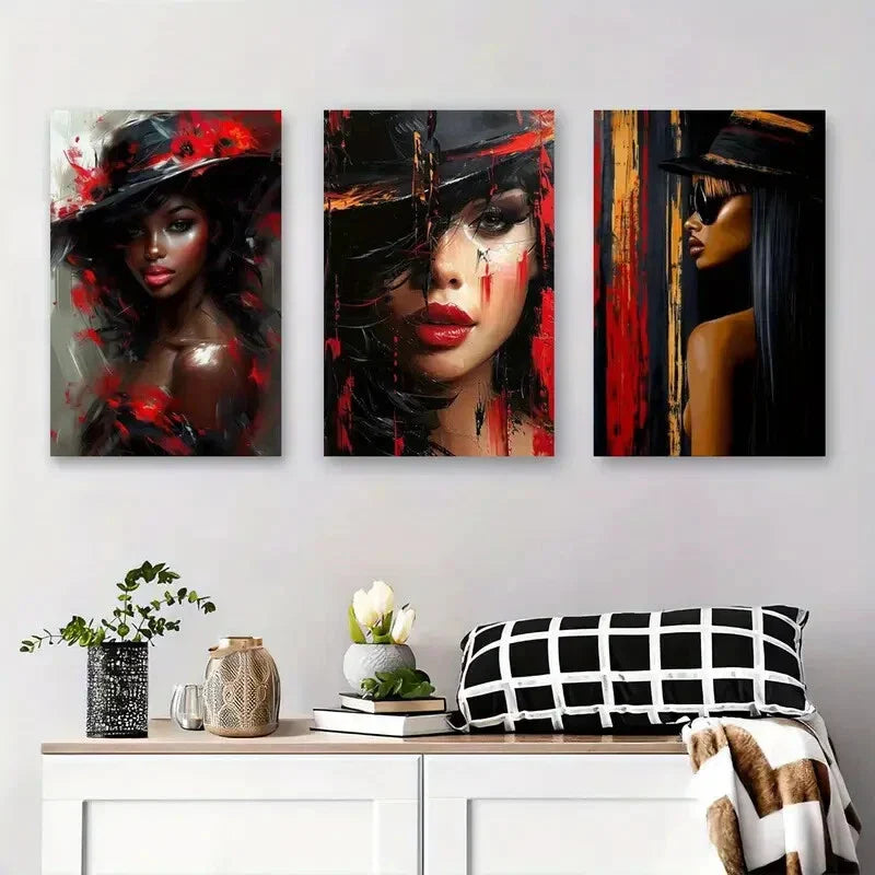 3pcs Red and Black Hat Female Portrait Triptych Metal Print Ready to Hang Art