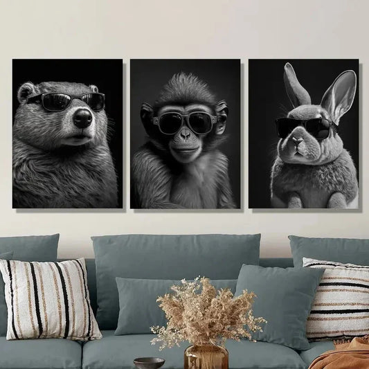 3pcs Beaver, Monkey & Rabbit Glasses Metal Print Ready to Hang Art