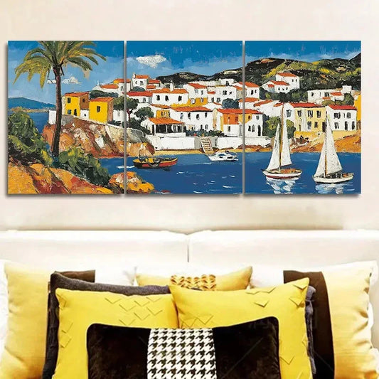 3pcs Caribbean houses and boats Wall Art Set Canvas Framed 40x60cm - High Quality Print 100% Australian Made Wall Canvas Ready to Hang