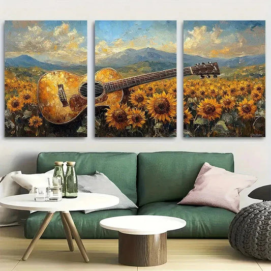 3pcs Classical Guitar Sunflower Field Design Metal Print Ready to Hang Art