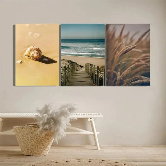 3pcs Shell Wooden Bridge Reeds Beach Landscape Metal Print Ready to Hang Art