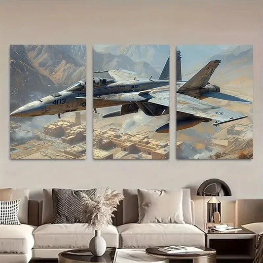 3pcs Military Aircraft Canvas Wall Art Metal Print Ready to Hang Art