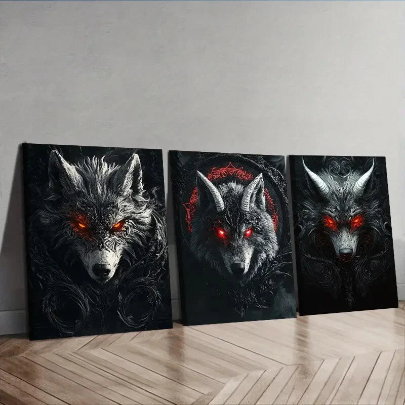 3pcs Fierce Red-Eyed Wolf Wall Art Set Canvas Framed 40x60cm - High Quality Print 100% Australian Made Wall Canvas Ready to Hang