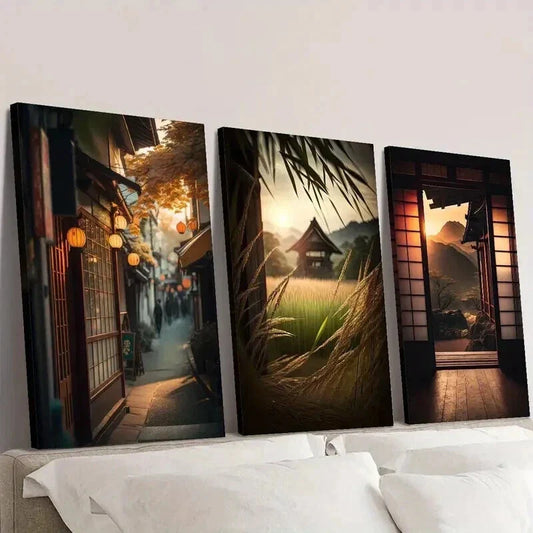 3pcs Japanese Classical Architecture at Sunset Wall Art Set Canvas Framed 40x60cm - High Quality Print 100% Australian Made Wall Canvas Ready to Hang