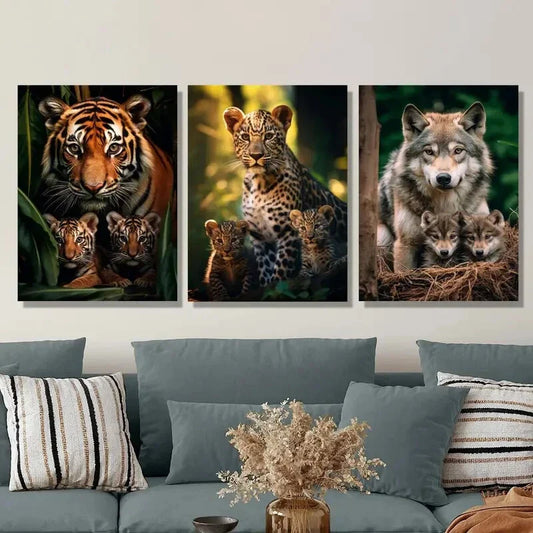 3pcs Vibrant Tiger, Leopard & Wolf Family Metal Print Ready to Hang Art