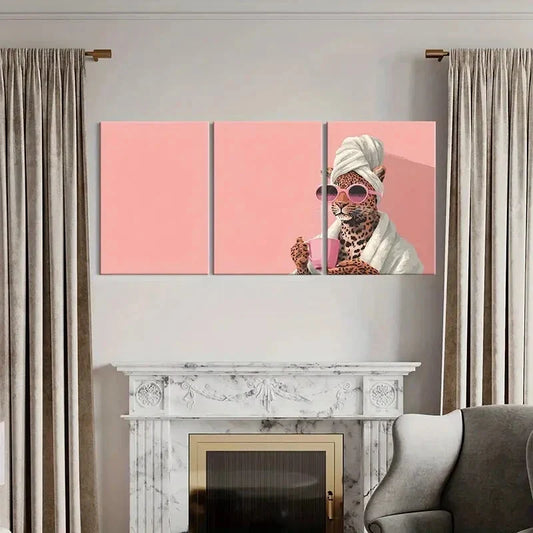 3pcs Artistic Leopard with Glasses Pink Mug Metal Print Ready to Hang Art