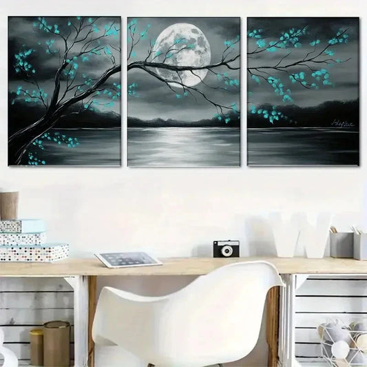 3pcs Gray and Teal Floral Landscape with Full Moon Metal Print Ready to Hang Art
