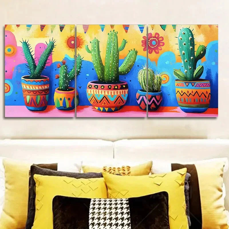 3pcs Cactus in Colorful Flower POTS Painting Wall Art Set Canvas Framed 40x60cm - High Quality Print 100% Australian Made Wall Canvas Ready to Hang