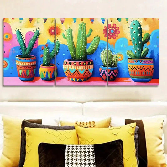3pcs Cactus in Colorful Flower POTS Painting Wall Art Set Canvas Framed 40x60cm - High Quality Print 100% Australian Made Wall Canvas Ready to Hang