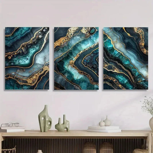 3pcs Green gold marble texture mural, light luxury Metal Print Ready to Hang Art