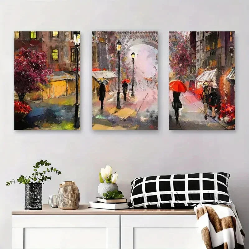3pcs Romantic Rainy City Street Umbrella Metal Print Ready to Hang Art