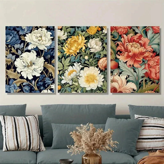 3pcs blooming flowers, roses, chrysanthemums, Metal Print Ready to Hang Art