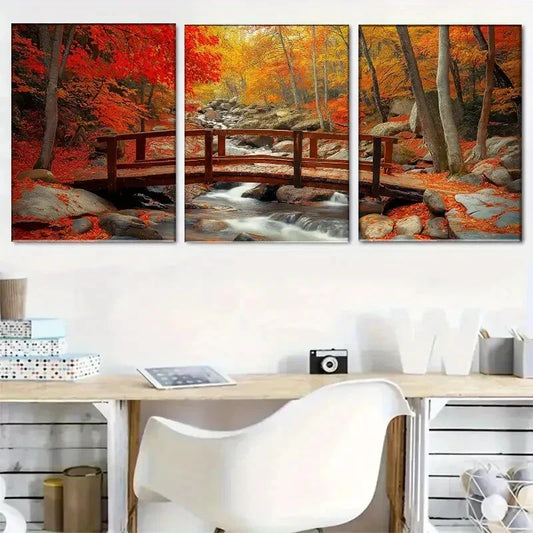 3pcs Red Leaves And Autumn Bridge Printing Poster Metal Print Ready to Hang Art