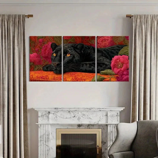 3pcs Black Panther Floral Background Nature Metal Print Ready to Hang Art