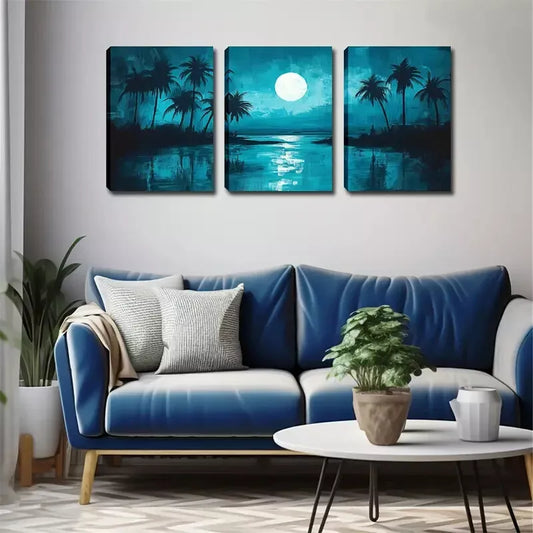 3pcs Paintings with Palm Trees & Full Moon Wall Art Set Canvas Framed 40x60cm - High Quality Print 100% Australian Made Wall Canvas Ready to Hang