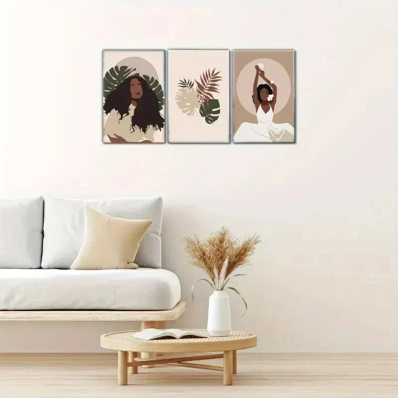 3pcs Black Woman Print African American Botanical Metal Print Ready to Hang Art