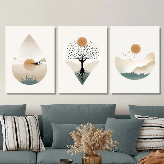 3pcs watercolor sun landscape painting, tree Metal Print Ready to Hang Art