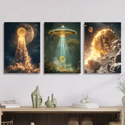3pcs Bitcoin & UFO Surreal Moon Landing Metal Print Ready to Hang Art