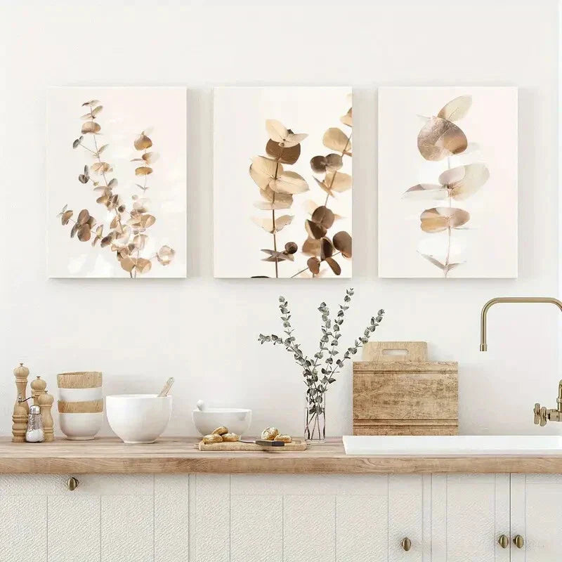 3pcs Eucalyptus Leaf Golden & Brown Foliage Metal Print Ready to Hang Art