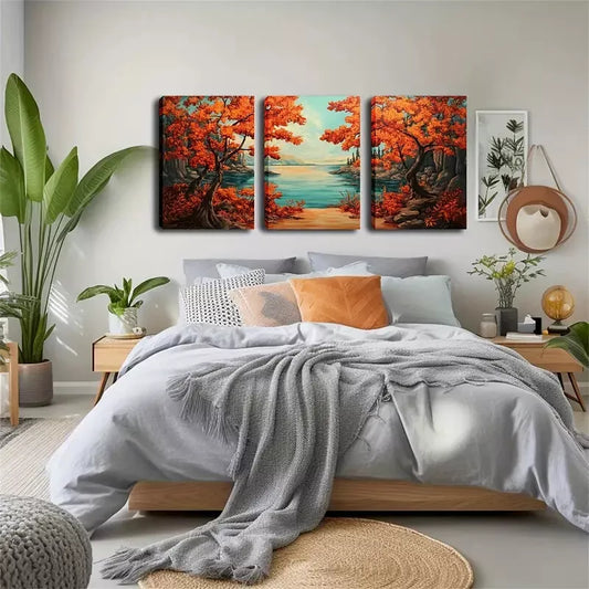 3pcs Autumn Trees and Lake Landscape Wall Art Set Canvas Framed 40x60cm - High Quality Print 100% Australian Made Wall Canvas Ready to Hang
