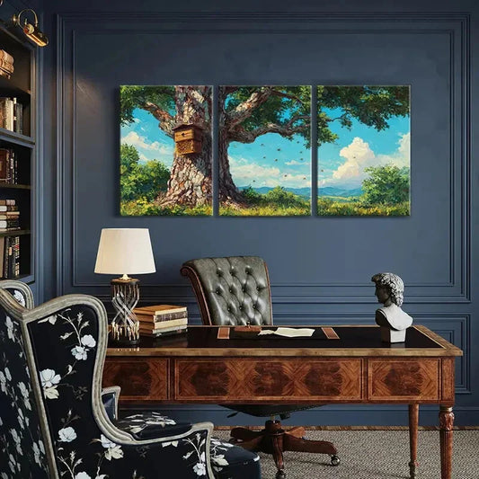 3pcs Beehive & Tree Landscape Nature Scenery Metal Print Ready to Hang Art